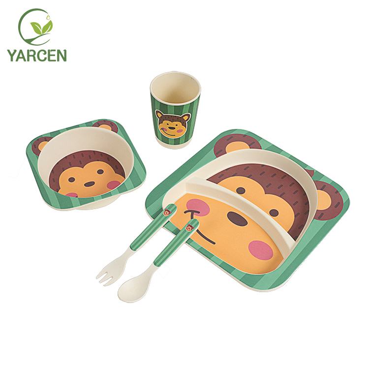 High Quality Eco-Friendly High Quality 5 pcs Bamboo Fiber Kids Dinnerware set with Cup Spoon Biodegradable Baby Tableware